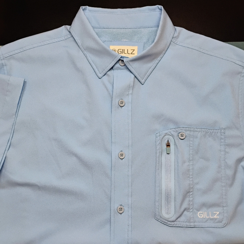 Gillz Light‎ Blue Medium Shirt Fishing Sea Fly Fish Stretch Vented Zipper Pocket